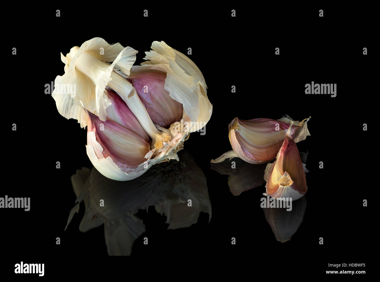 Closeup of a garlic bulb on black background Stock Photo - Alamy