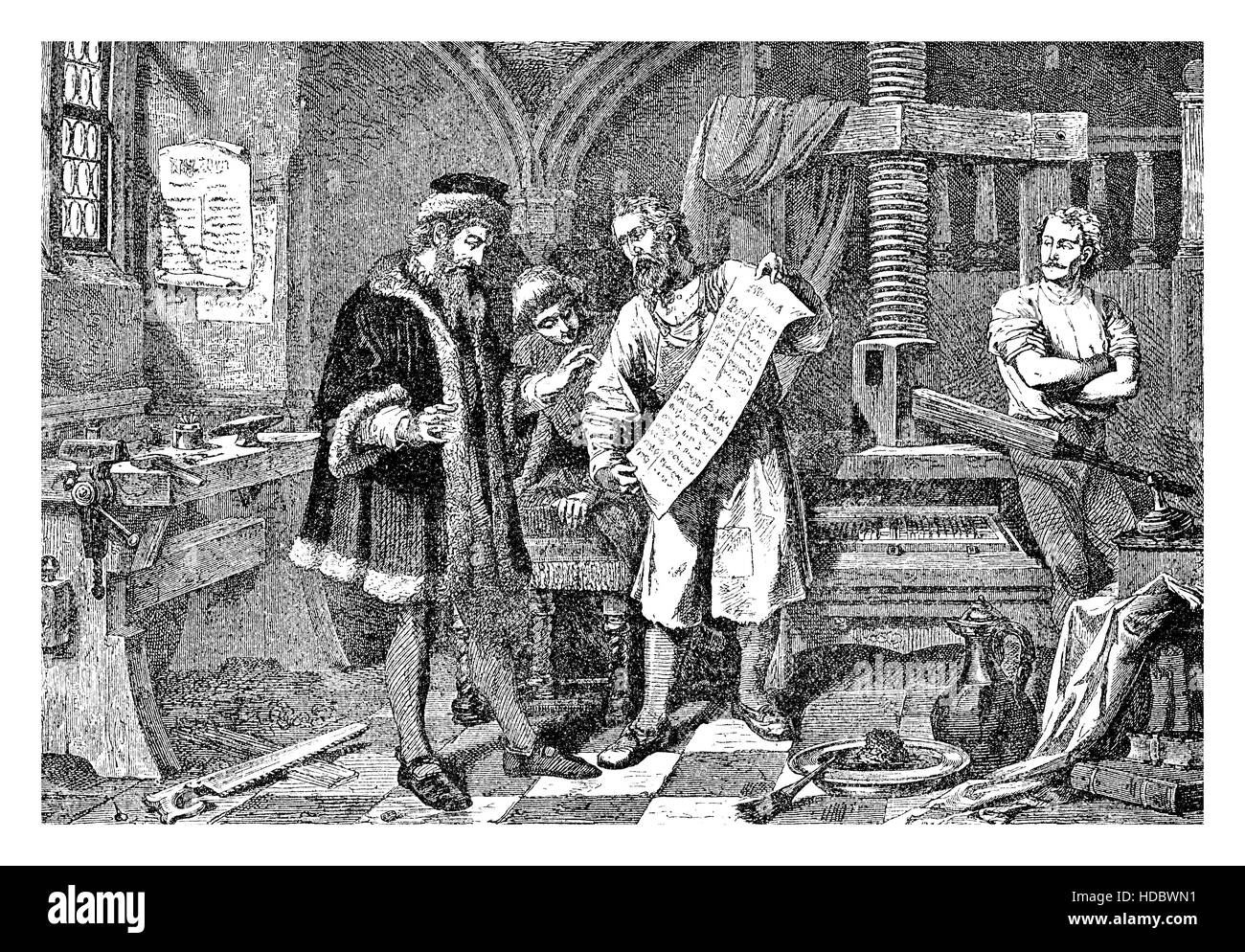 Johannes Gutemberg the first European publisher in his print workshop. Gutemberg(1398 –  1468) was a German inventor from Mainz who introduced print in Europe with the mechanical movable type printing Stock Photo