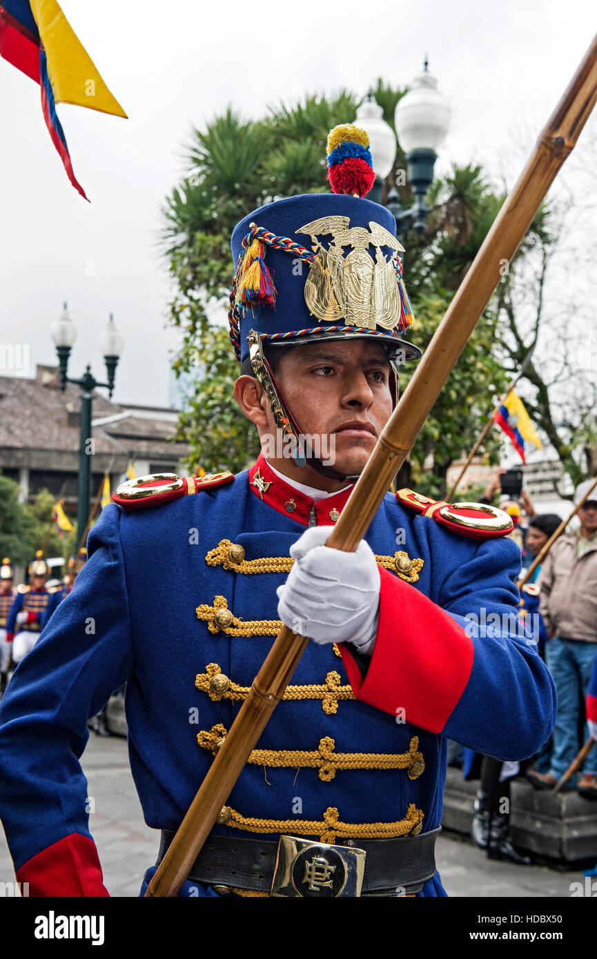 Soldier of the Presidential Guard at the changing of the guard ceremony in front of the Carondelet Presidential Palace in Quito, Ecuador Stock Photo