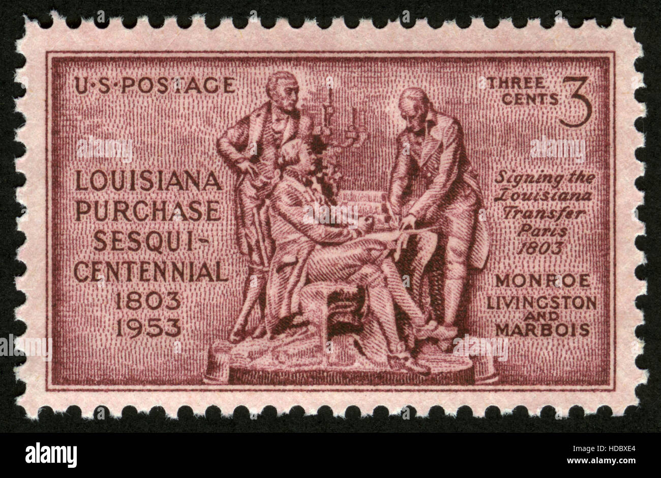 US,circa 1953, postage stamp, Louisiana purchase Sesqui-centennial 1803-1953, Monroe,Livingston, Marbois Stock Photo