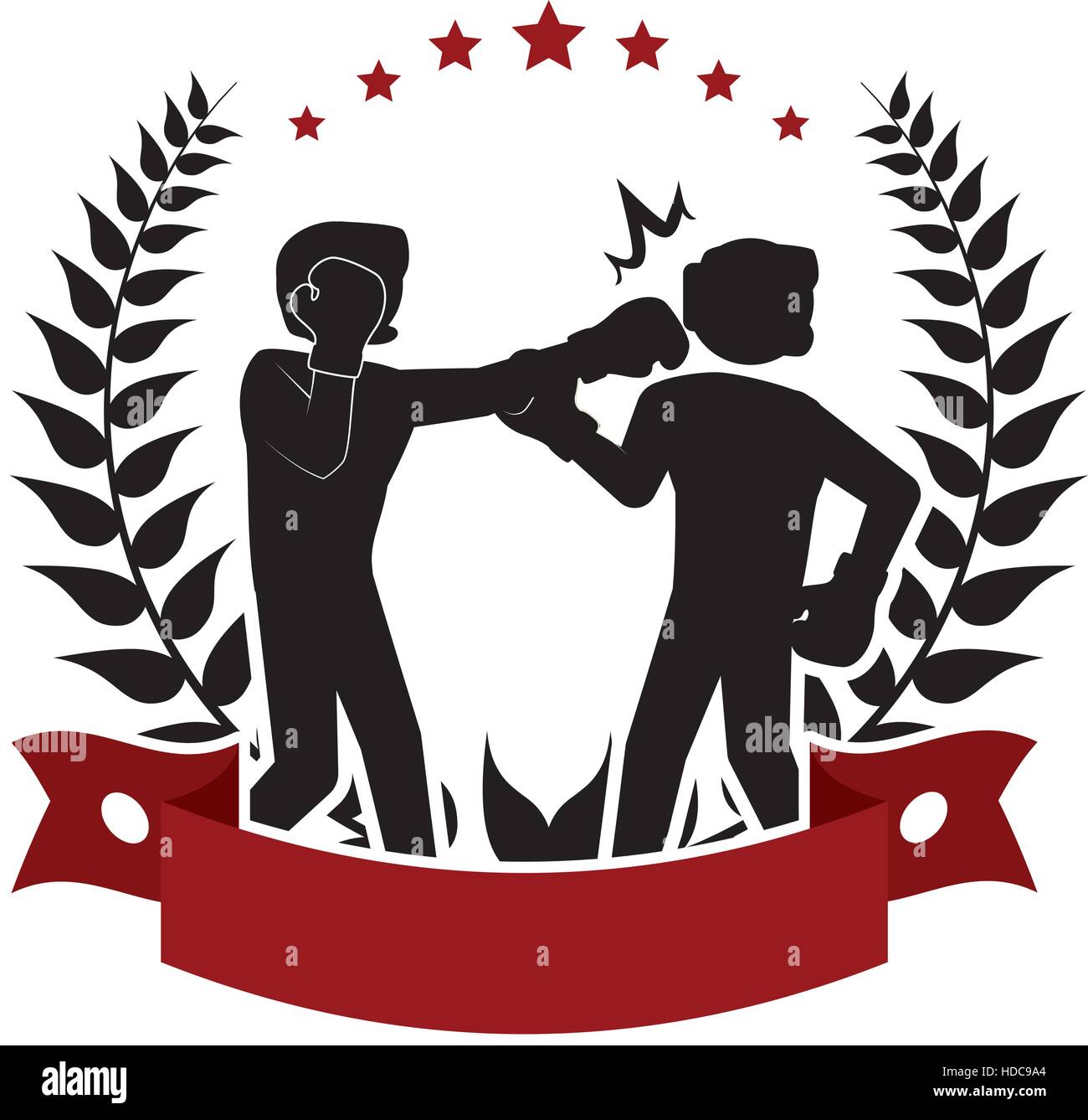 wreath of leaves and red ribbon with Boxing players fighting icon over ...