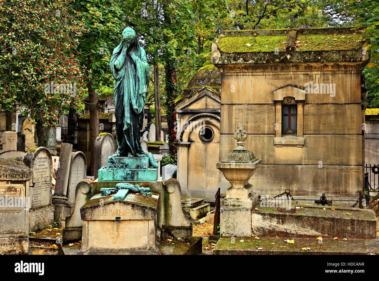 Walking around the Père Lachaise cemetery, the biggest and most "famous" cemetery of Paris, France. Stock Photo