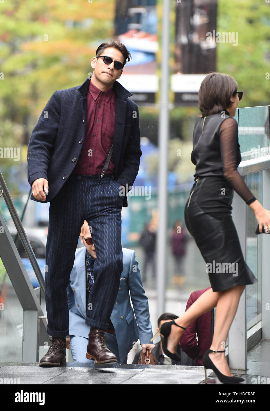 Cast of Snatch seen filming a scene in Manchester City Centre. The Scene is set in New York.  Featuring: Stephanie Leonidas, Luke Pasqualino Where: Manchester, United Kingdom When: 26 Sep 2016 Stock Photo