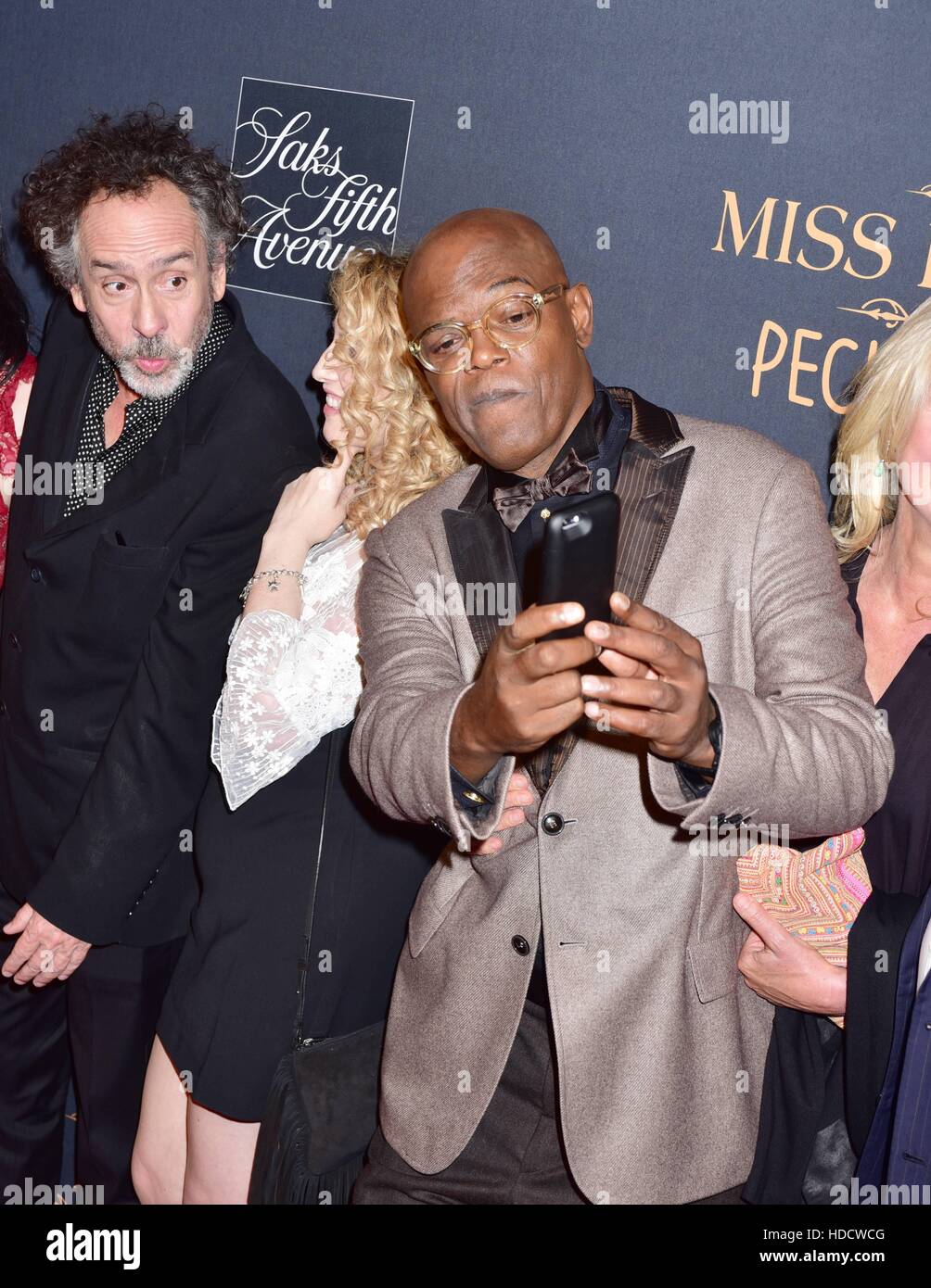 Tim Burton, Jane Goldman and Samuel L. Jackson attending the New York premiere of 'Miss Peregrine's Home for Peculiar Children' held at Saks Fifth Avenue in New York City.  Featuring: Tim Burton, Jane Goldman, Samuel L. Jackson Where: New York City, New Y Stock Photo