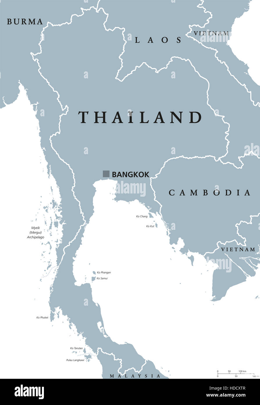 Thailand political map with capital Bangkok and national borders. Kingdom at Indochinese peninsula in Southeast Asia. Stock Photo