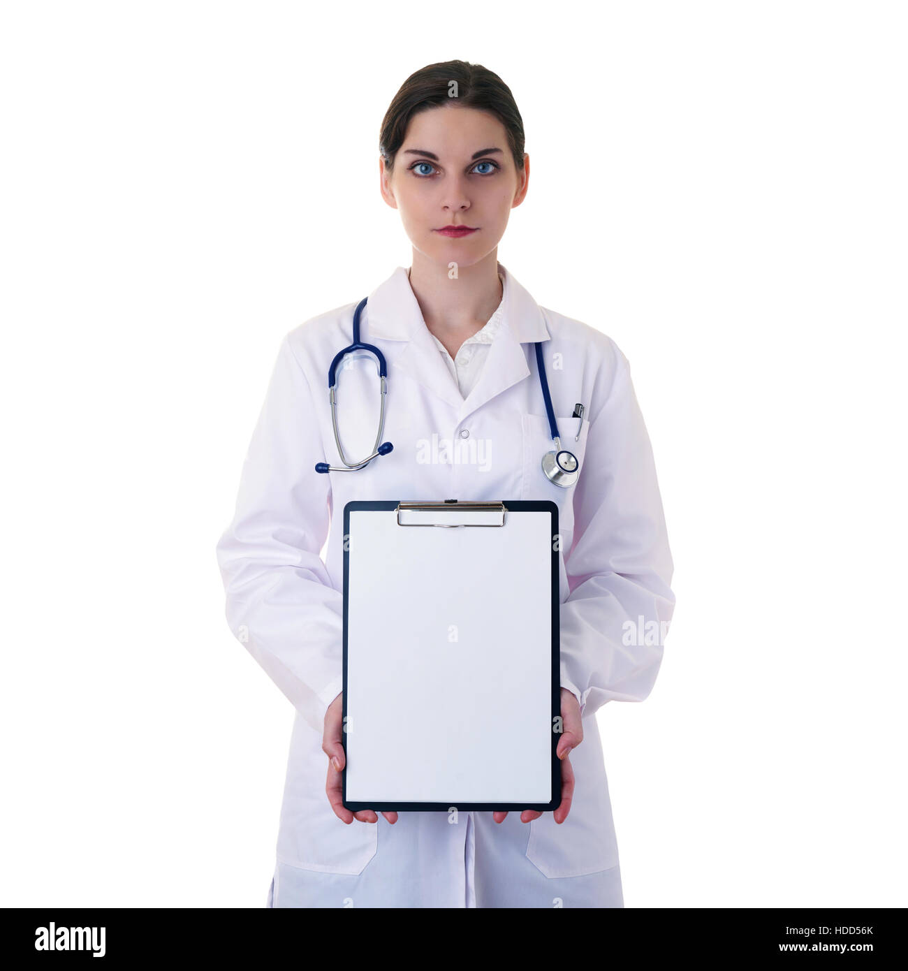 Smiling female doctor in white coat over white isolated background with stethoscope and blank clipboard, healthcare, profession and medicine concept Stock Photo