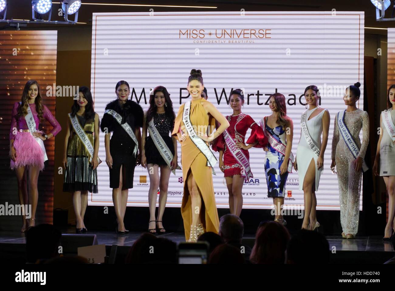 Pia Wurtzbach is presenting herself and the 10 Miss Universe Candidates that came from (L - R) Australia, Japan, Indonesia, Korea, Malaysia, Myanmar, New Zealand, Philippines, Thailand, Vietnam and USA. Miss Universe officially started in the Philippines with its Kick-off Party at S Maison Mall, Conrad Hotel, SM Mall of Asia, Pasay City at 7:00pm. Presented with Pia Wurtzbach, reigning Miss Universe, candidates from Australia, Japan, Indonesia, Korea, Malaysia, Myanmar, New Zealand, Philippines, Thailand, Vietnam and USA. (Photo by George Buid/Pacific Press) Stock Photo
