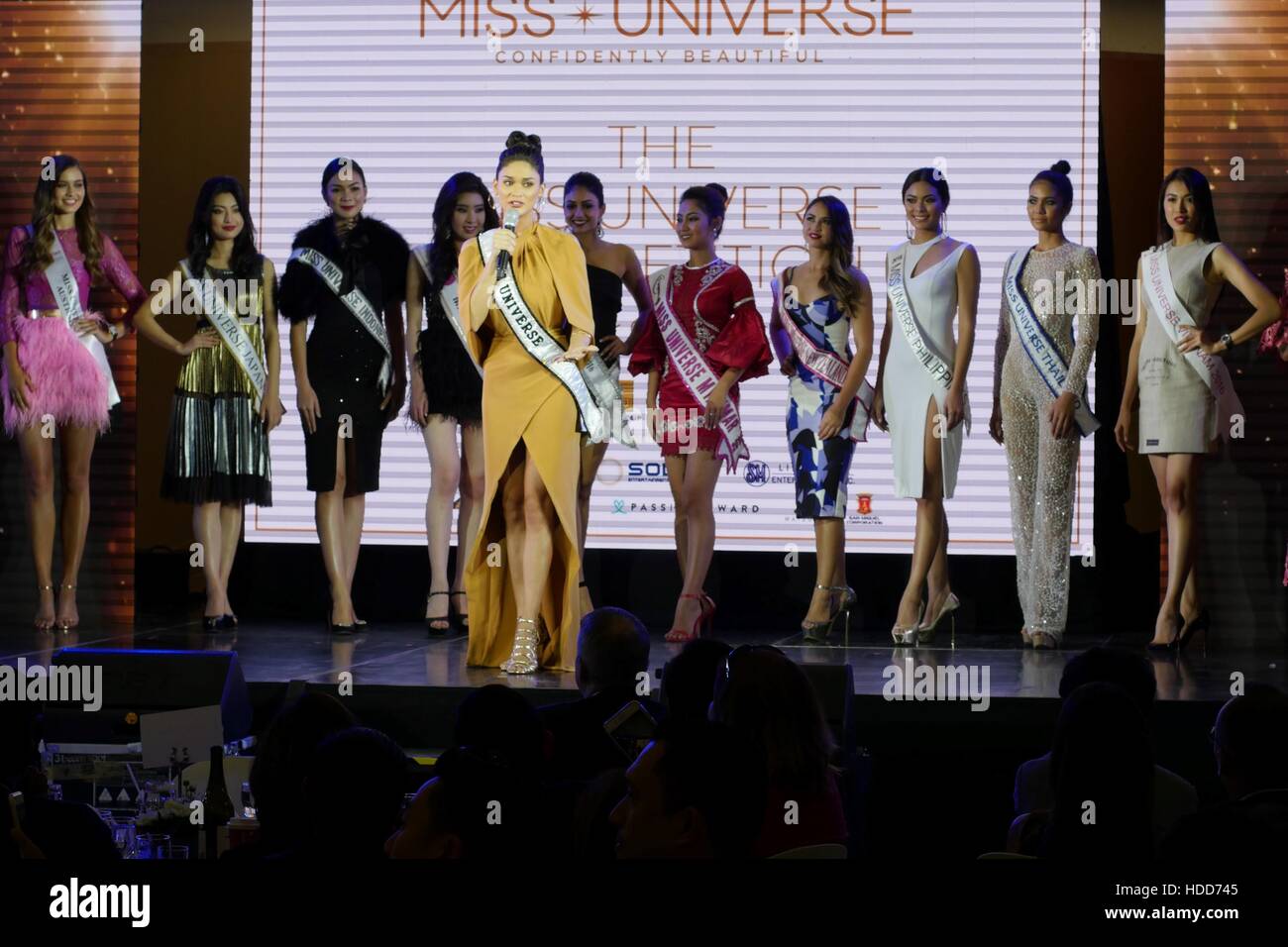 Pia Wurtzbach is presenting herself and the 10 Miss Universe Candidates that came from (L - R) Australia, Japan, Indonesia, Korea, Malaysia, Myanmar, New Zealand, Philippines, Thailand, Vietnam and USA. Miss Universe officially started in the Philippines with its Kick-off Party at S Maison Mall, Conrad Hotel, SM Mall of Asia, Pasay City at 7:00pm. Presented with Pia Wurtzbach, reigning Miss Universe, candidates from Australia, Japan, Indonesia, Korea, Malaysia, Myanmar, New Zealand, Philippines, Thailand, Vietnam and USA. (Photo by George Buid/Pacific Press) Stock Photo