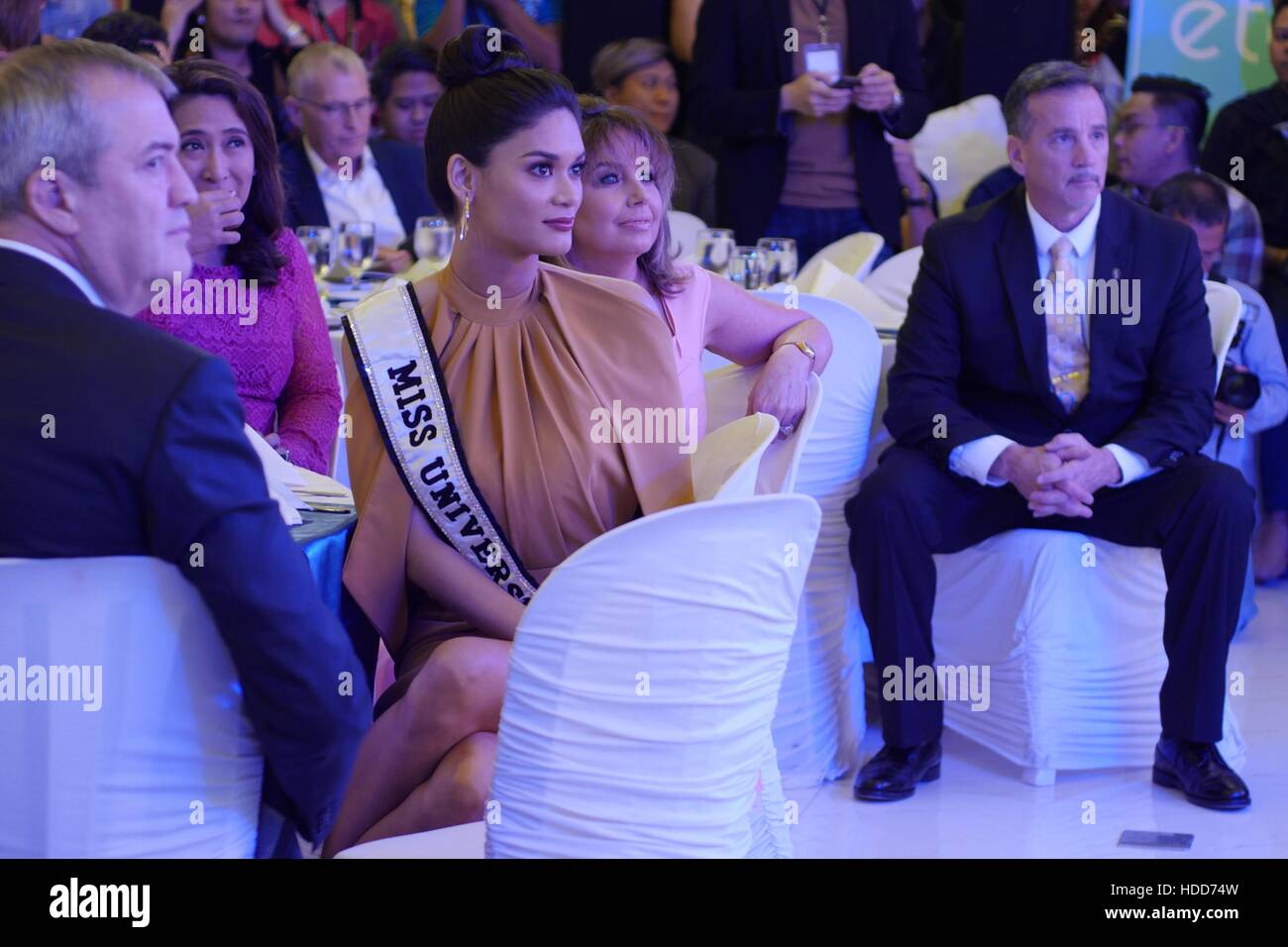 Pasay, Philippines. 10th Dec, 2016. Pia Wurtzbach watch the performance on stage. Miss Universe officially started in the Philippines with its Kick-off Party at S Maison Mall, Conrad Hotel, SM Mall of Asia, Pasay City at 7:00pm. Presented with Pia Wurtzbach, reigning Miss Universe, candidates from Australia, Japan, Indonesia, Korea, Malaysia, Myanmar, New Zealand, Philippines, Thailand, Vietnam and USA. Credit:  George Buid/Pacific Press/Alamy Live News Stock Photo