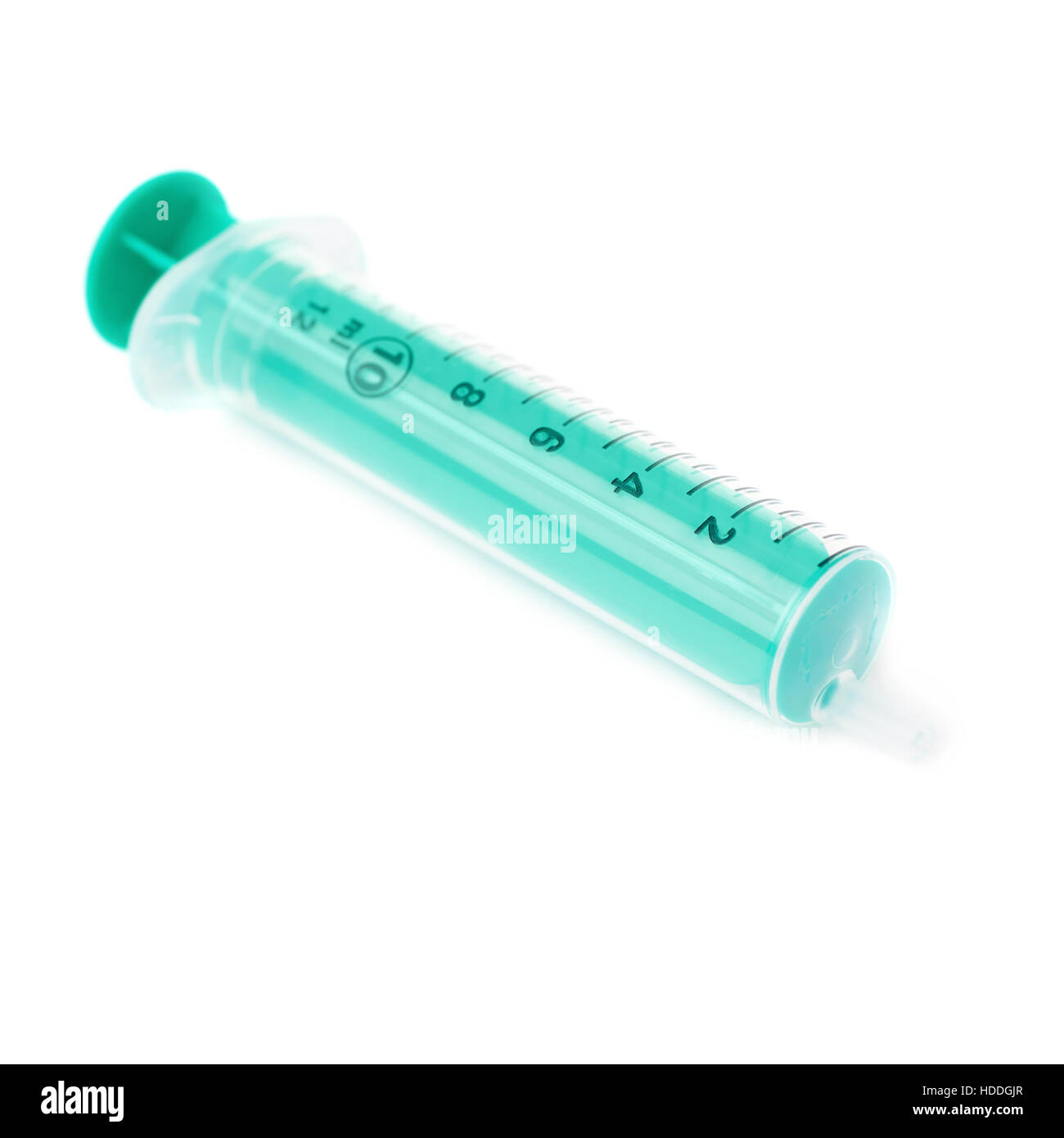 One-off green medical syringe without needle isolated over white background Stock Photo
