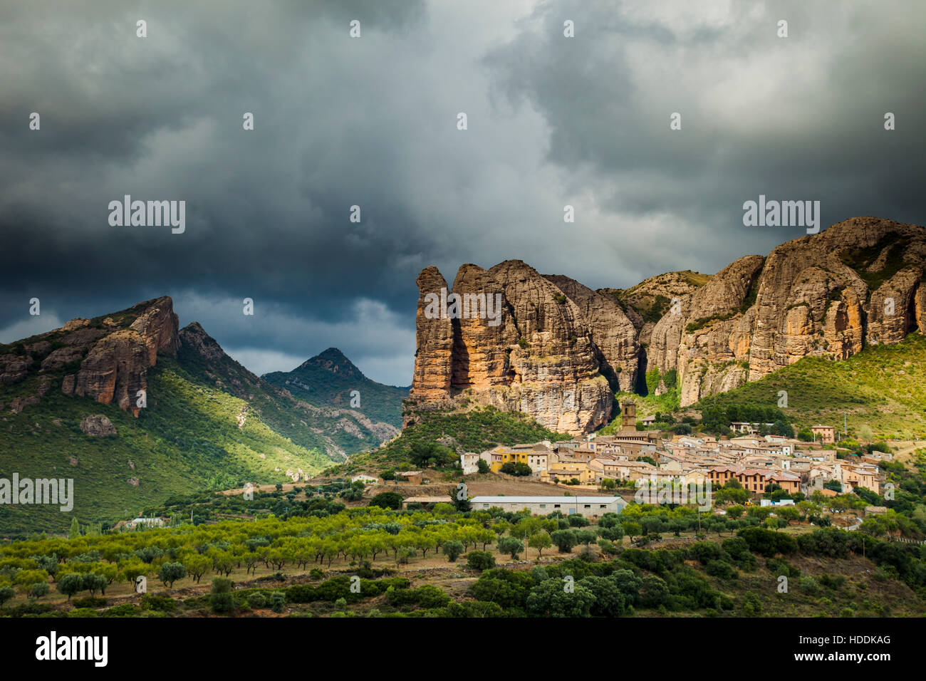 Stormy skies over Mallos de Agüero, an iconic rock formation in Huesca, Aragon, Spain. Pre-Pyrenees. Stock Photo