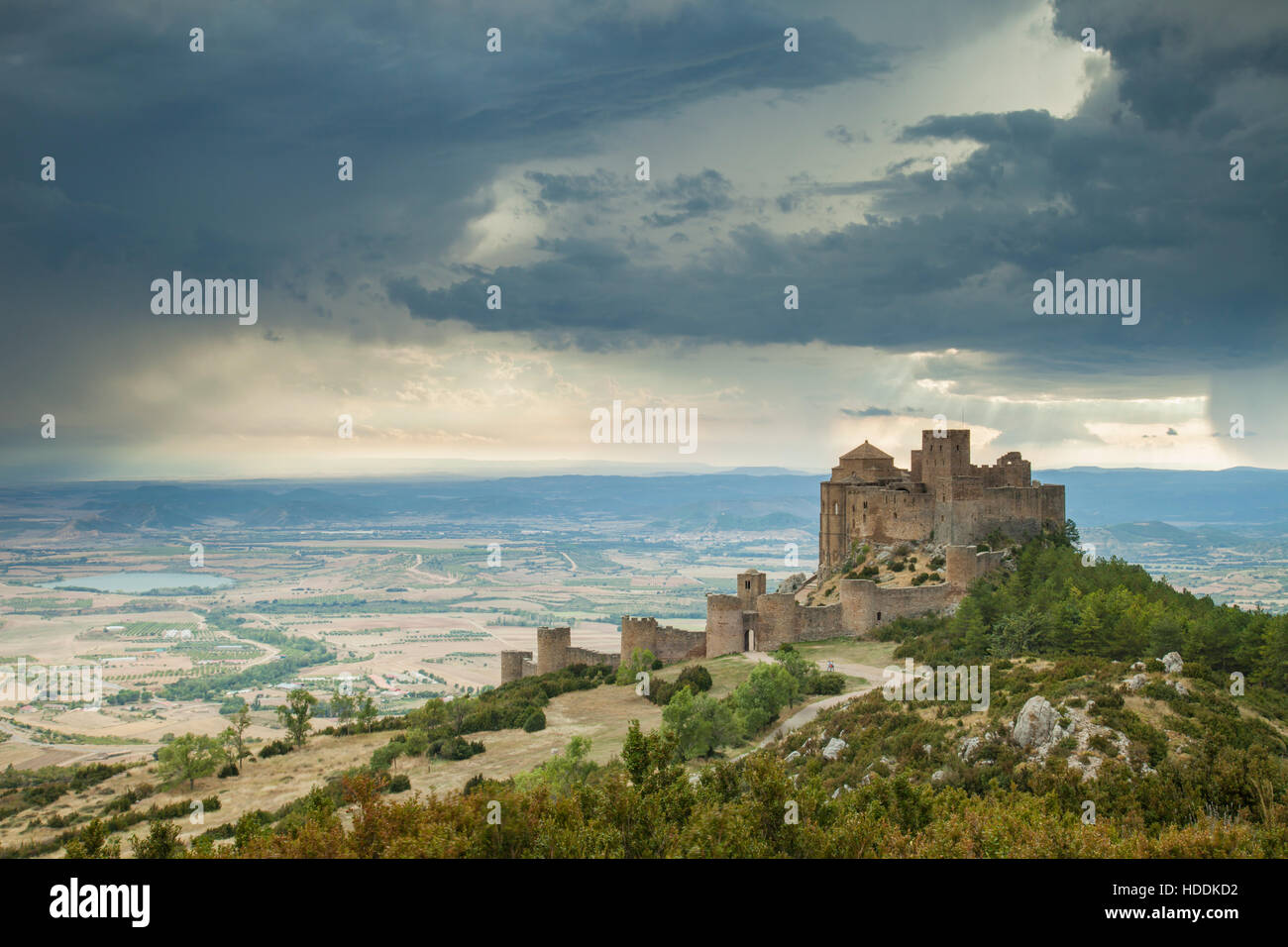 Stormy clouds over Romanesque castle at Loarre, Huesca, Spain. Stock Photo