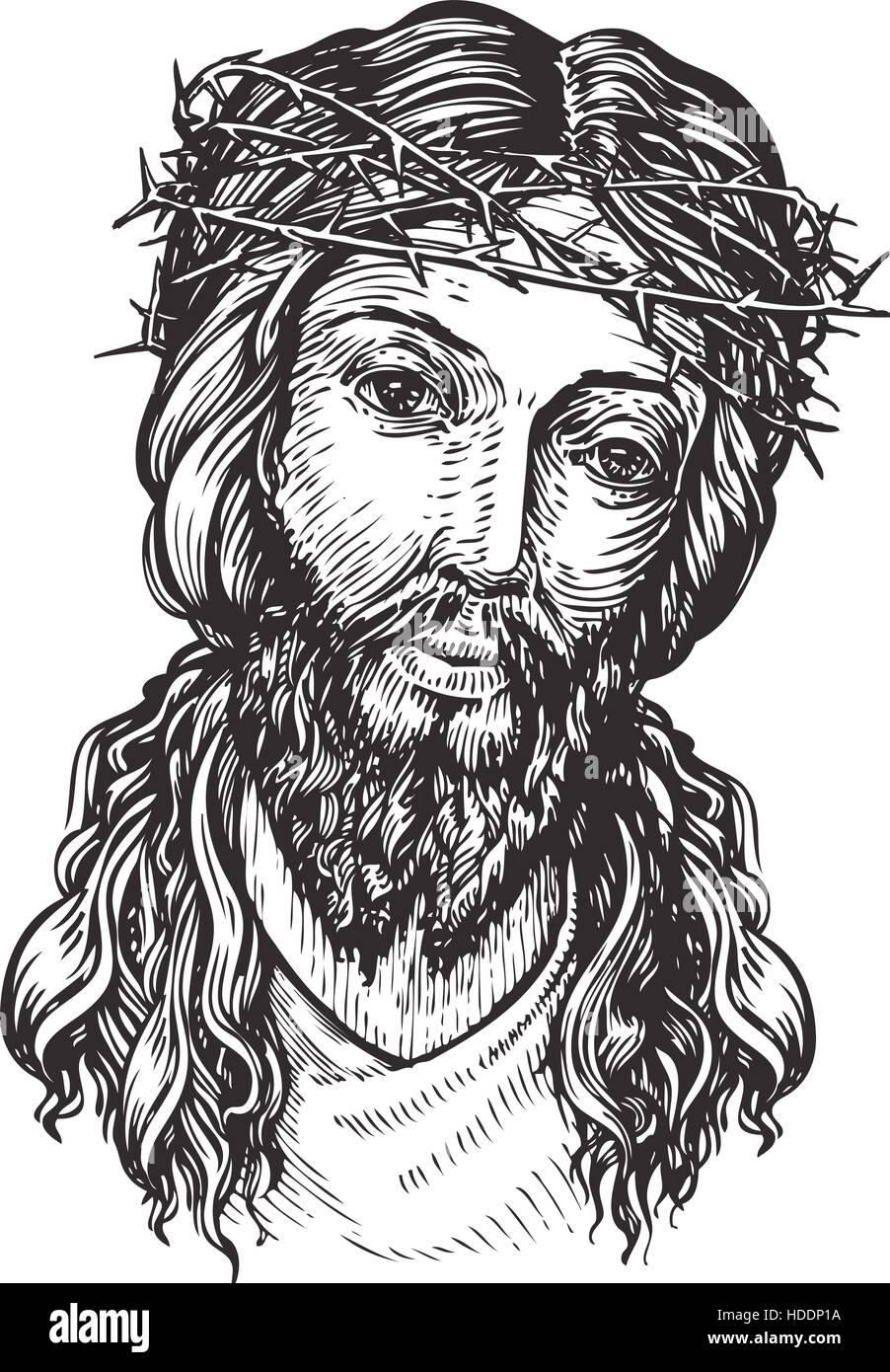 Jesus Christ with thorny wreath on his head. Sketch vector illustration Stock Vector