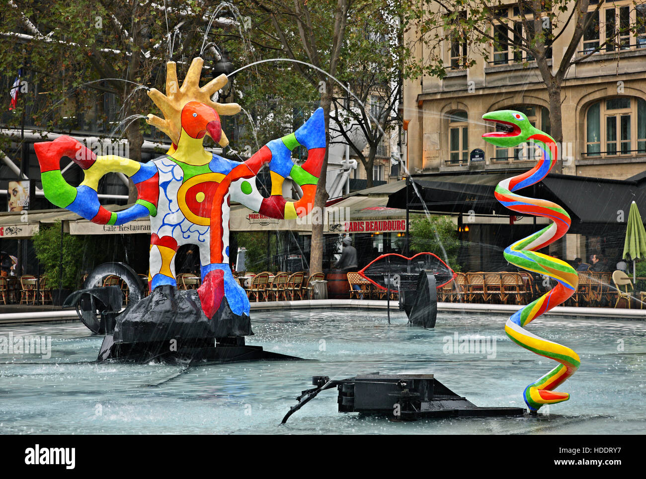Modern sculpture at the fountain of Place Igor Stravinsky, outside the Centre Pompidou, Paris France. Stock Photo
