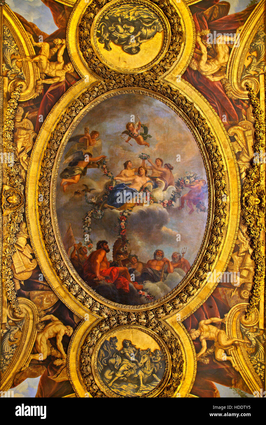 Beautiful fresco on the ceiling of 'Salon de Venus' in the Grand Appartements of the King, in the Palace of Versailles, France. Stock Photo