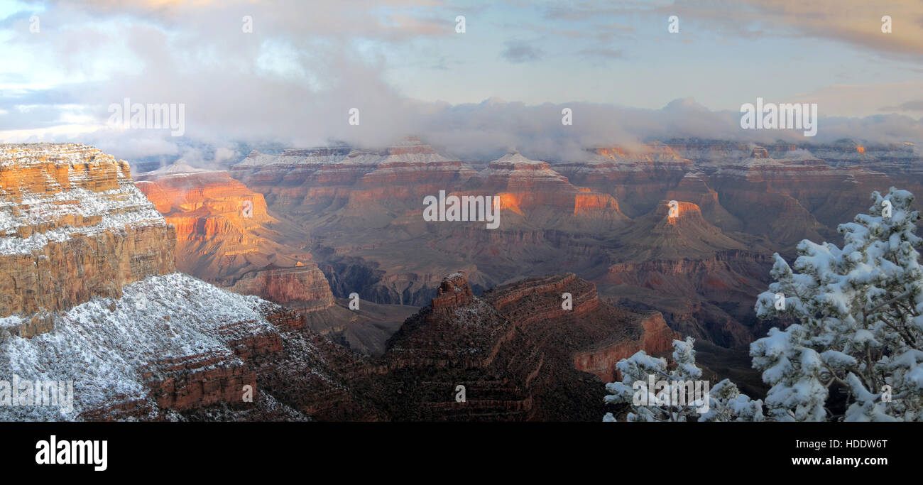 Snow gathers on the South Rim of the Grand Canyon as seen from the El Tovar Hotel lookout December 2, 2011 in Grand Canyon Village, Arizona. Stock Photo