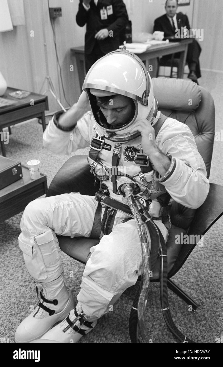 NASA Gemini-Titan 3 prime crew astronaut John Young suits up for flight in the Cape Canaveral Air Force Station Launch Pad 16 ready room before the Gemini-Titan 3 spacecraft launch March 23, 1965 in Cape Canaveral, Florida. Stock Photo