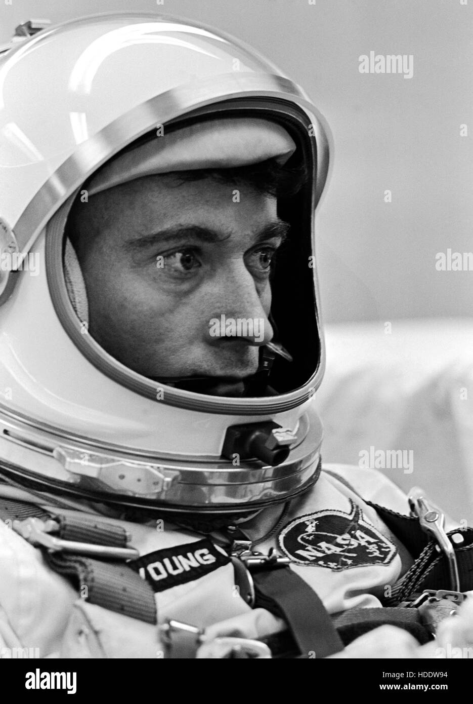 NASA Gemini-Titan 3 prime crew astronaut John Young prepares for the Gemini-Titan 3 spacecraft launch at the Cape Canaveral Air Force Station March 23, 1965 in Cape Canaveral, Florida. Stock Photo