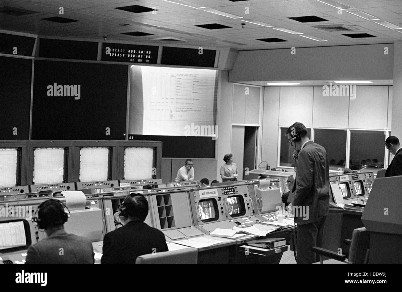 An overall view of the Johnson Space Center Manned Spacecraft Center Mission Control Room during the Gemini-Titan 3 launch March 23, 1965 in Houston, Texas. Stock Photo