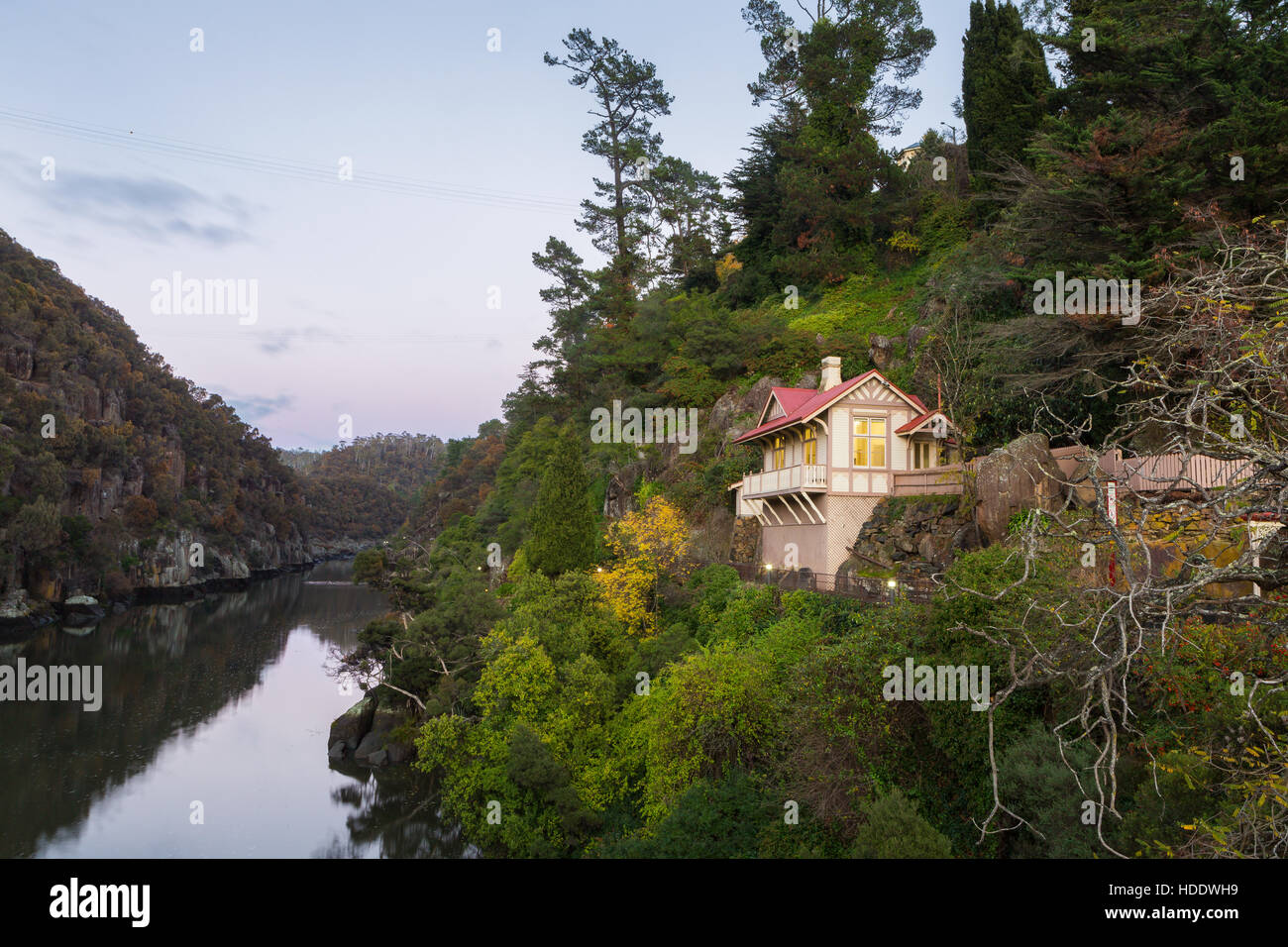 House with a scenic view over the Esk river towards Cataract Gorge in Launceston, Tasmania Stock Photo