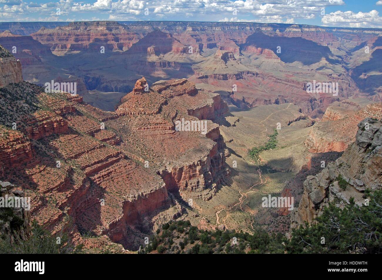 An aerial view of the Battleship and Indian Garden rock formations in the South Rim of the Grand Canyon National Park as seen from the El Tovar Hotel overlook July 4, 2010 in Grand Canyon Village, Arizona. Stock Photo