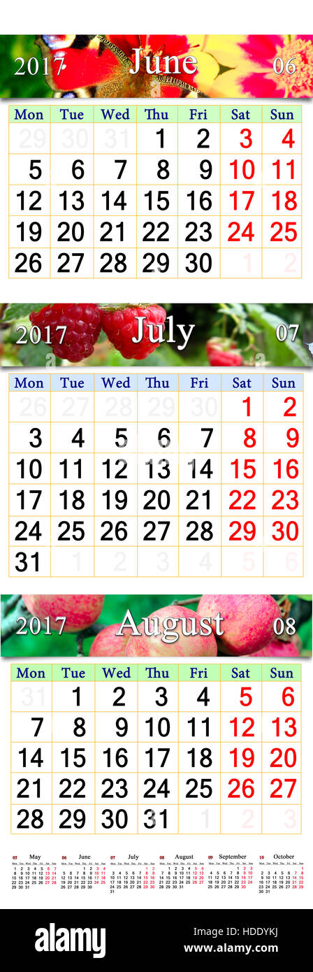 office calendar for three months June July and August 2017 with pictures of sunflower lilies and landscape Stock Photo