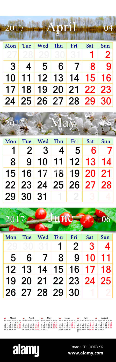 wall calendar for three months of spring April May and June 2017 with ...