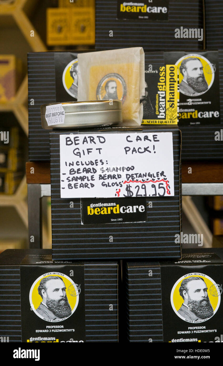 Beard Care Gift packs for sale at at the Union Square Park Holiday Market in Manhattan, New York City. Stock Photo