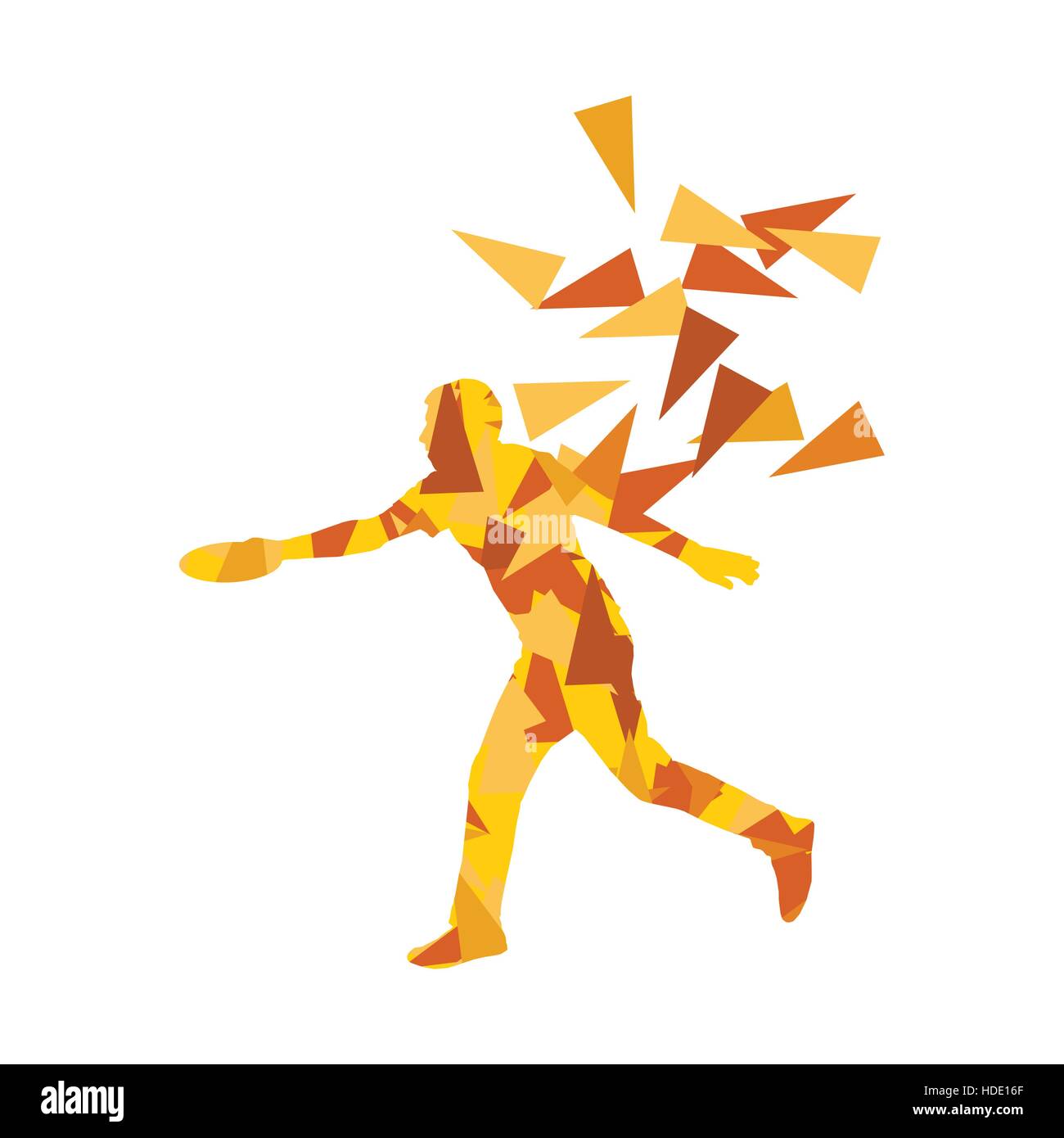 Man throwing flying disc vector background concept made of polygon fragments isolated on white