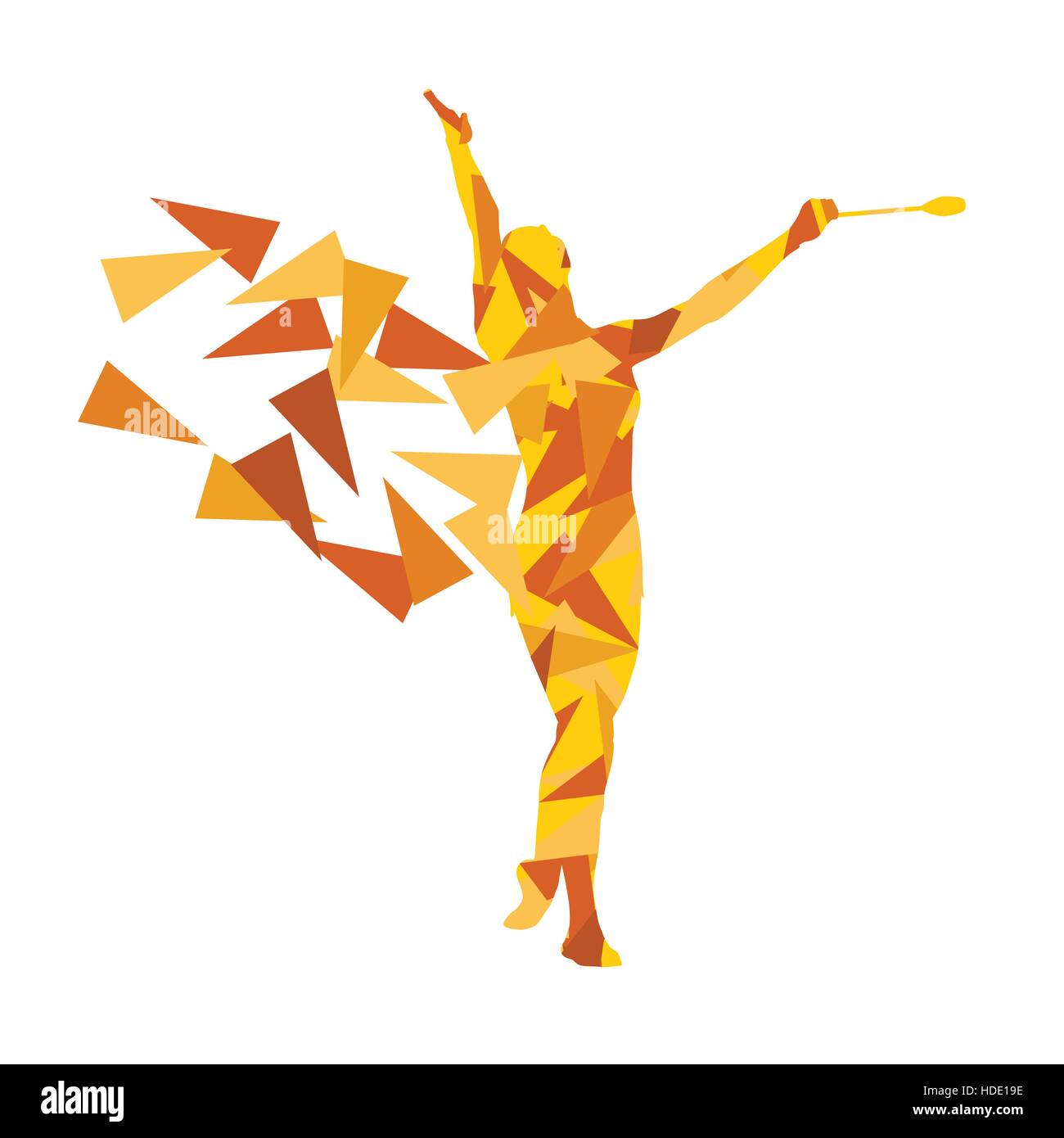 Rhythmic gymnastics woman performance with clubs vector abstract background illustration made of polygon fragments isolated on white Stock Vector