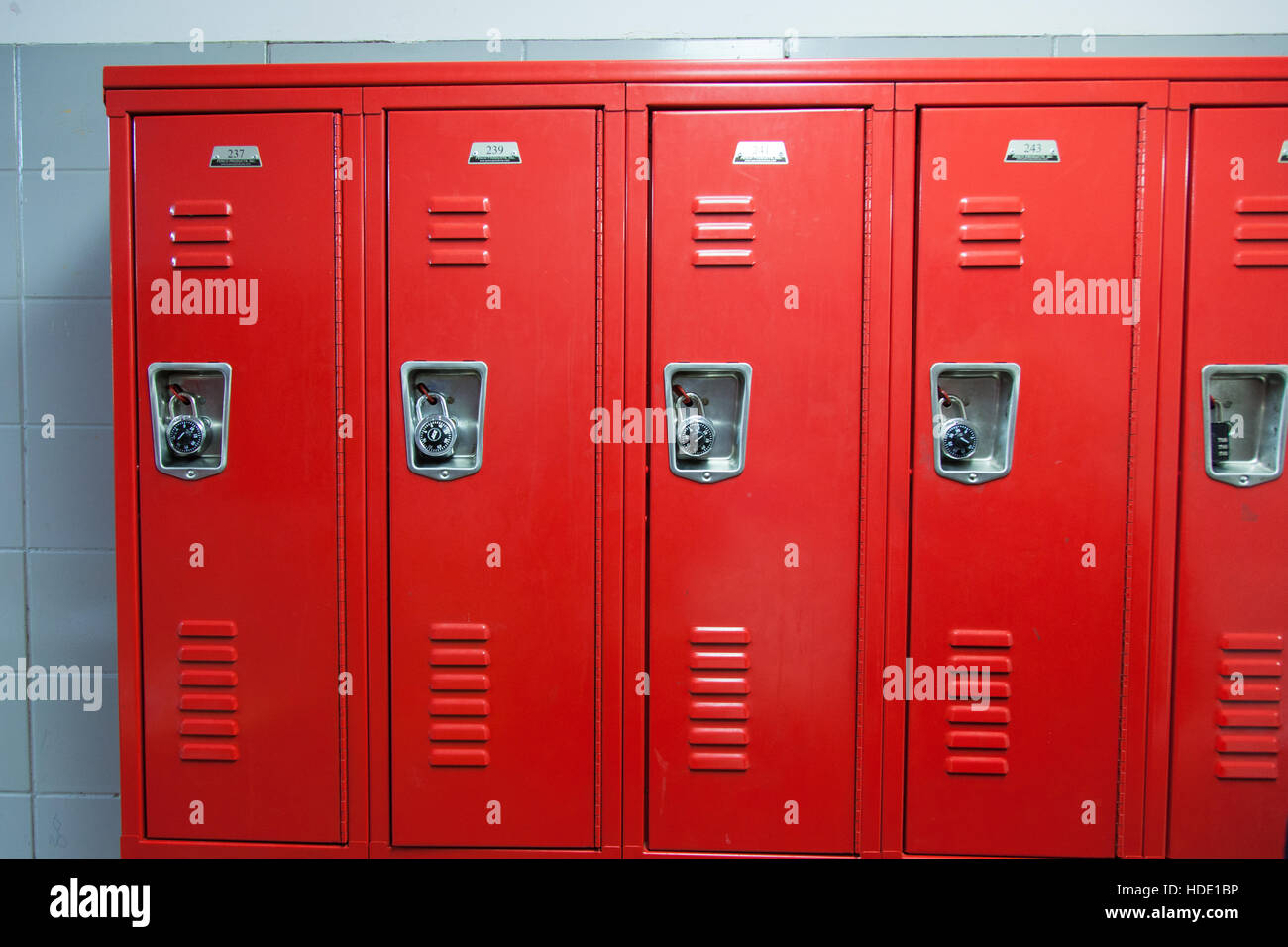 Red  school lockers at PS87 William T.Sherman School, Upper West Side, Manhattan, New York City. United States of America. Stock Photo