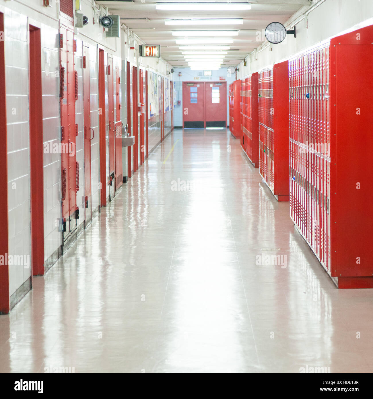 Red  school lockers at PS87 William T.Sherman School, Upper West Side, Manhattan, New York City. United States of America. Stock Photo