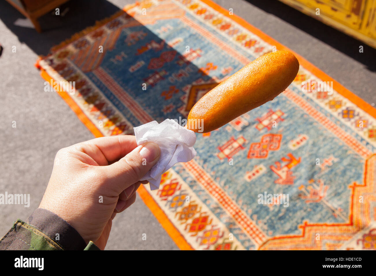 Corn Dog, Hot dog on a stick at the Grand bazaar Sunday market, New