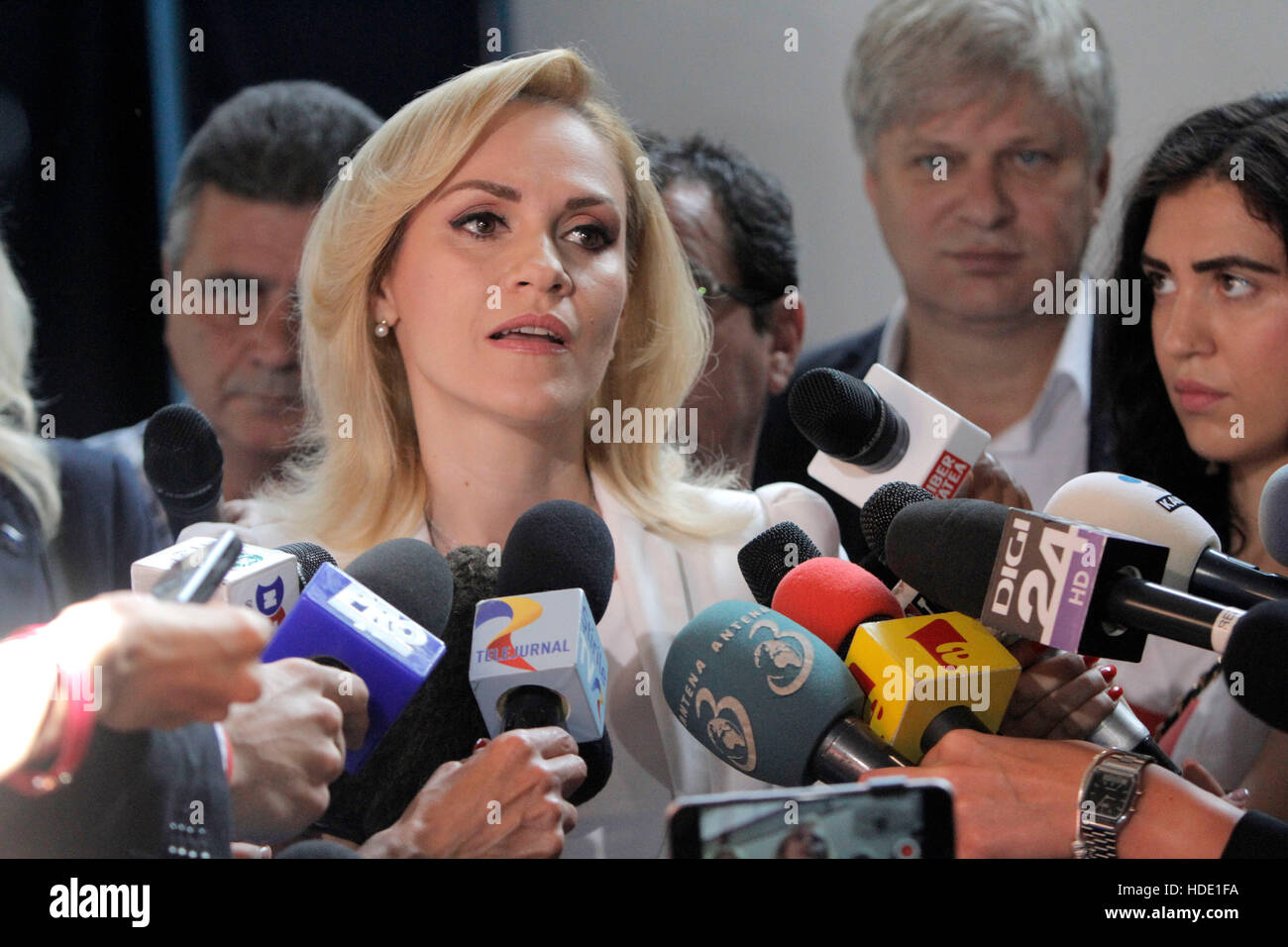 BUCHAREST, ROMANIA -June 05, 2016: Gabriela Firea, the candidate of Social Democrat Party (PSD) for Bucharest Mayor, speaks to press during the local  Stock Photo