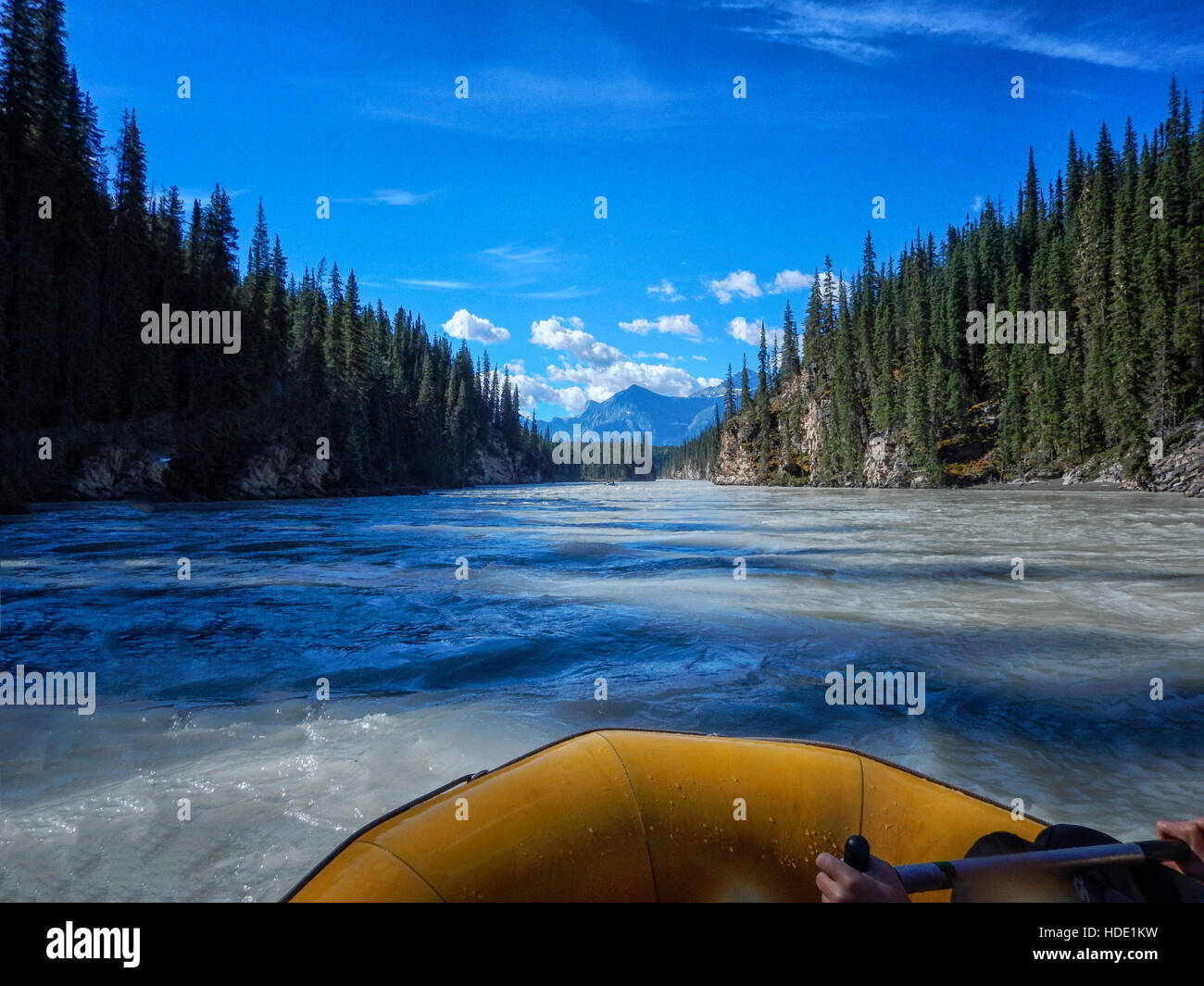 View on a river from inside a wild water raft Stock Photo