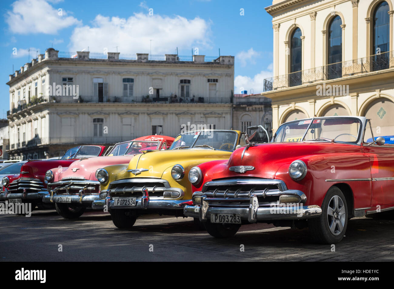 A row of American convertable taxis in Havana, Cuba. Stock Photo
