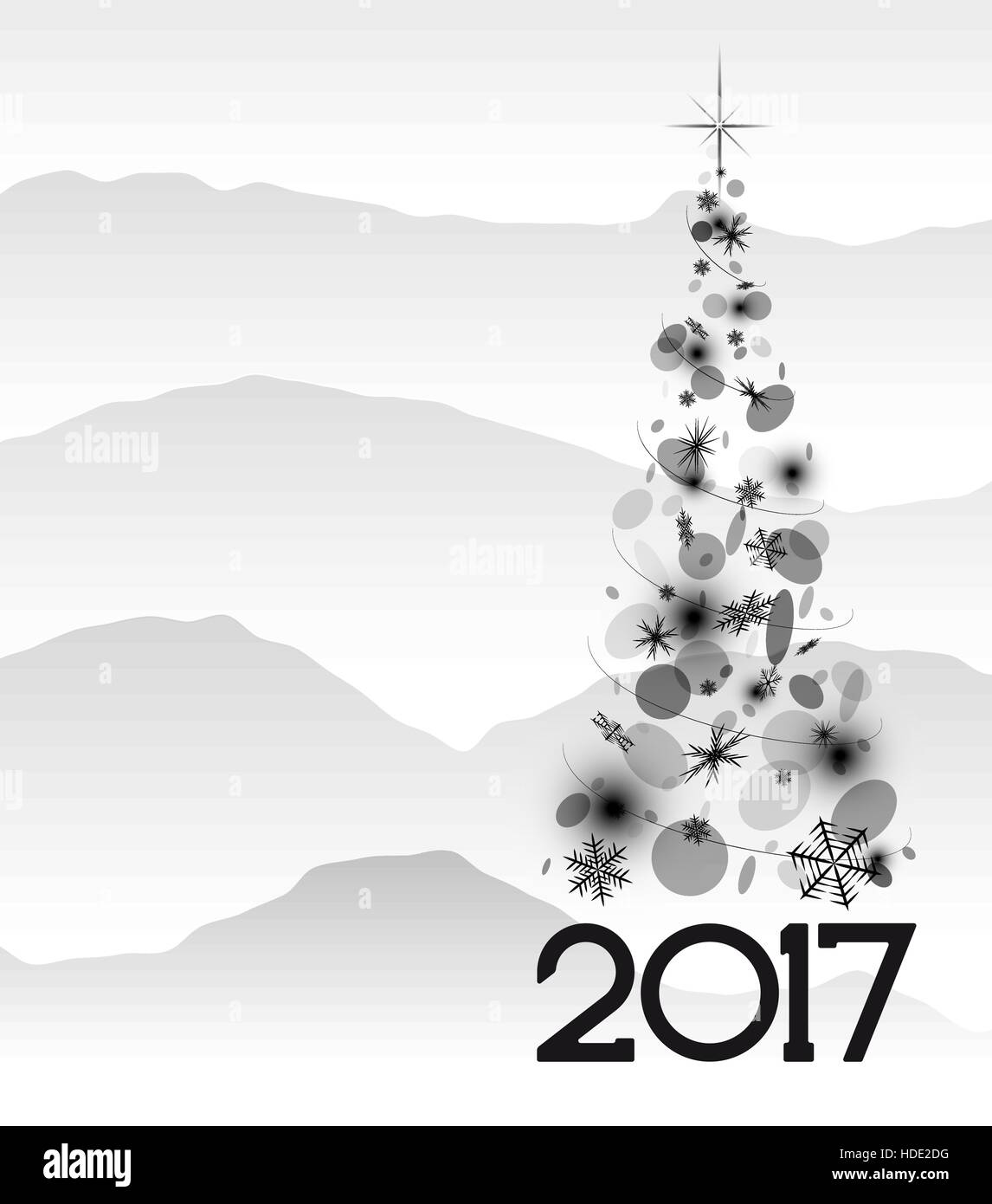 Christmas card with fir tree in 2017. White and snow. Stock Vector
