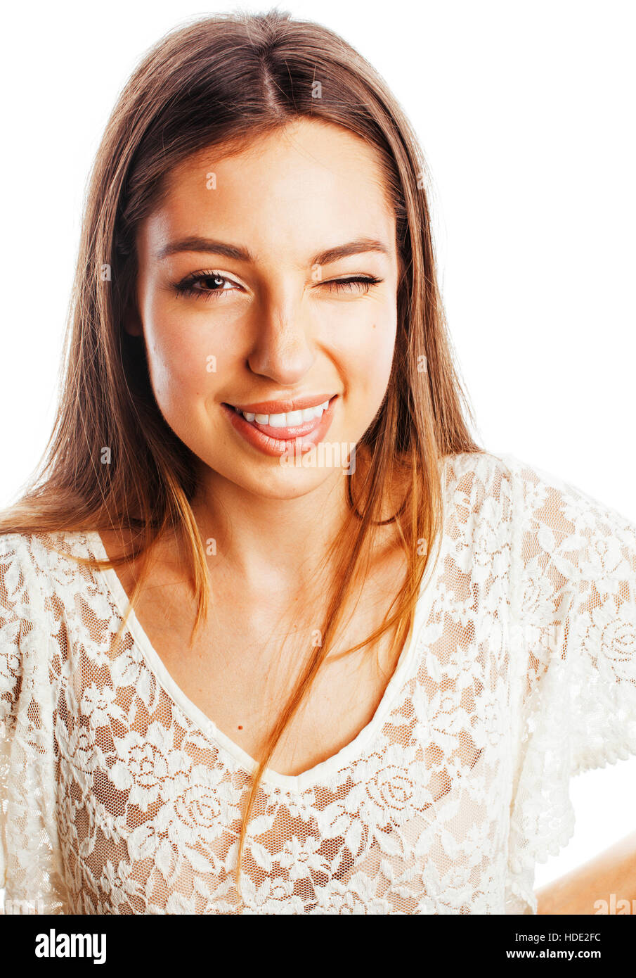 young beauty woman smiling dreaming isolated on white close up e Stock ...