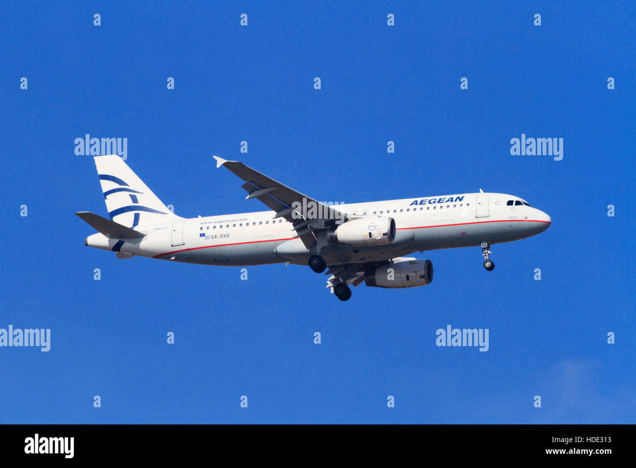 Airbus A320-232 , SX-DVG of Aegean Airline on approach to Larnaca airport, Cyprus. Canon 7D, Canon 100-400f4 Stock Photo