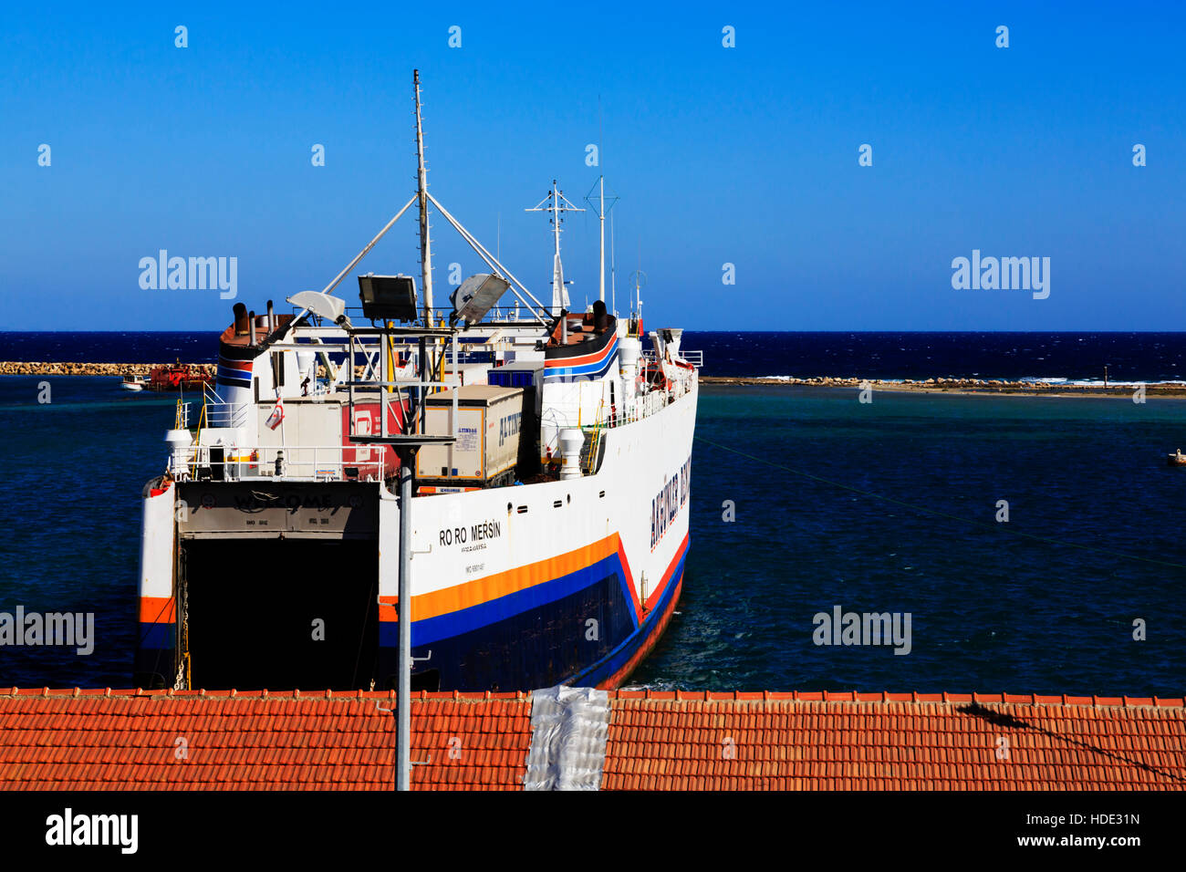 Ro-ro ferry berthed in Famagusta, Gazimagusta,Ammo, Turkish Northern Cyprus. Stock Photo