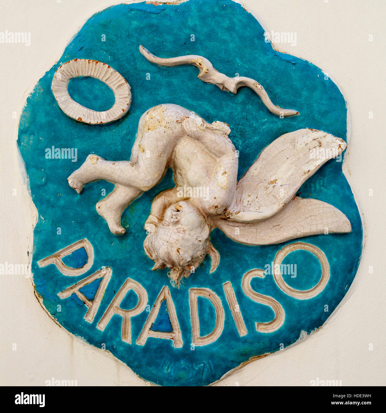 Plaque showing a fallen cherub and the house name Paradiso, Ravello, Italy Stock Photo