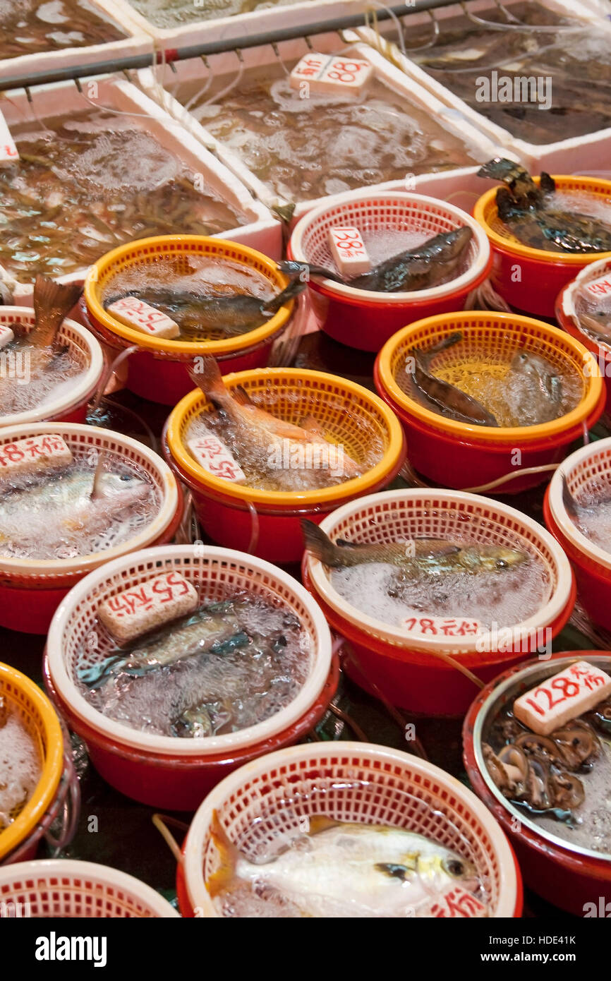 Fresh live fish for sale in Hong Kong Stock Photo