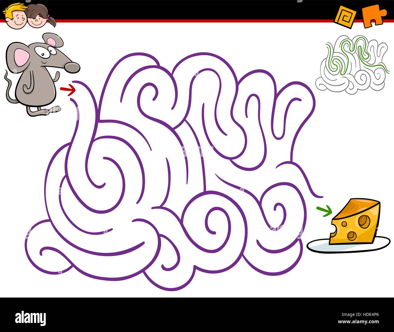 Cartoon Illustration of Education Maze or Labyrinth Activity Game for Children with Mouse and Cheese Stock Vector
