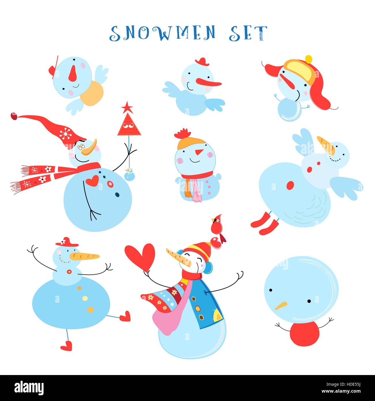 Vector collection of snowmen on a white background Stock Vector