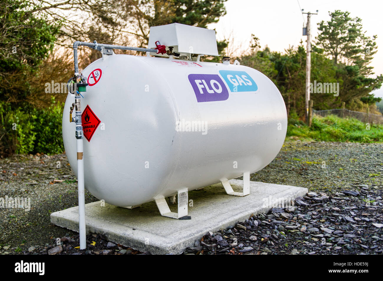 A Flo Gas gas tank in-situ on a domestic premises in Ireland. Stock Photo