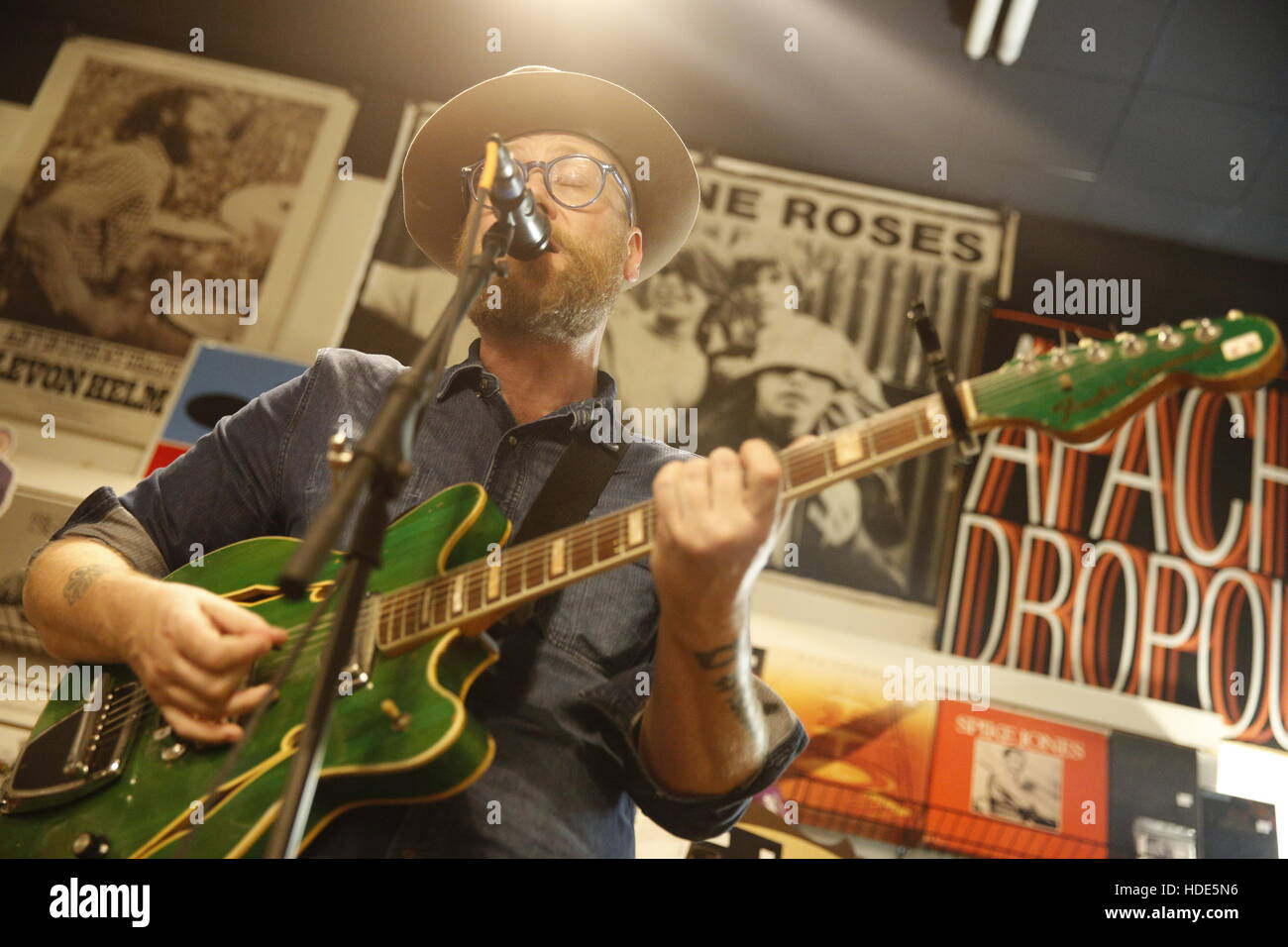 Mike Doughty performs at Landlocked Music in Bloomington. Doughty was in the band, 'Soul Coughing,' during the 1990s and recently release a solo record titled, 'The Heart Watches While The Brain Burns.' (Photo by Jeremy Hogan) Stock Photo