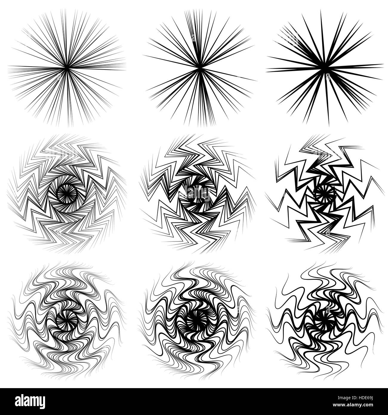 Set of 9 different elements with radial lines. Starburst, edgy and ...