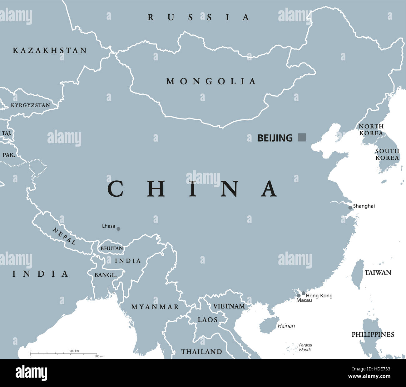 China political map with capital Beijing and national borders. Peoples Republic in East Asia. With Shanghai, Hong Kong and Macau Stock Photo