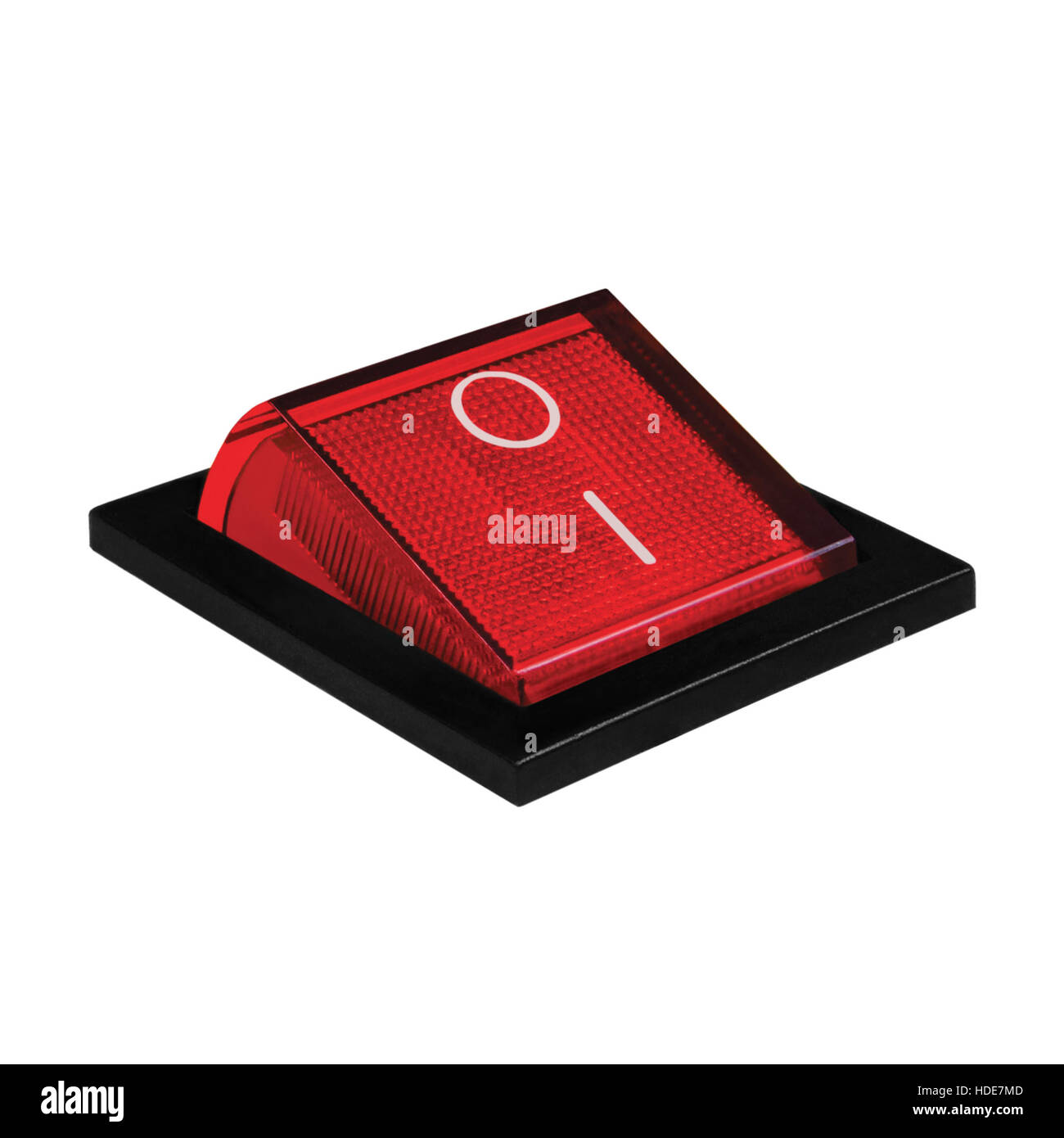 Red power switch at on position, isolated macro closeup Stock Photo Alamy