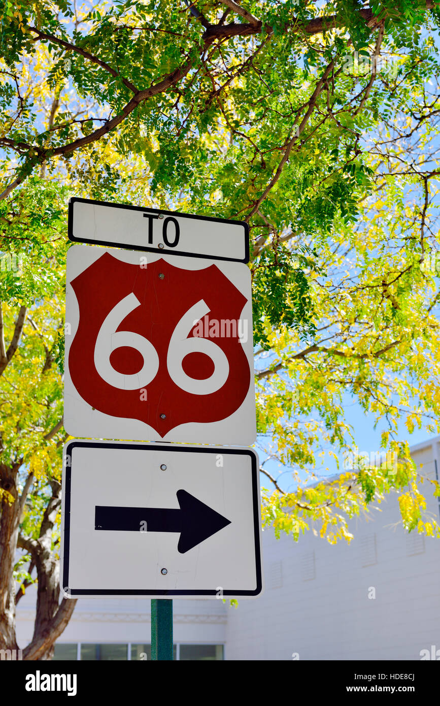 To historic route US 66 highway sign Flagstaff, Arizona Stock Photo